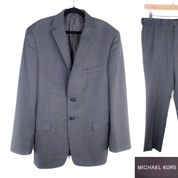 Michael Kors 2-Pcs Suit Plaid Gray Blue Blazer Jacket Sz Boys 16R Pants 29X27 - Picture 1 of 16